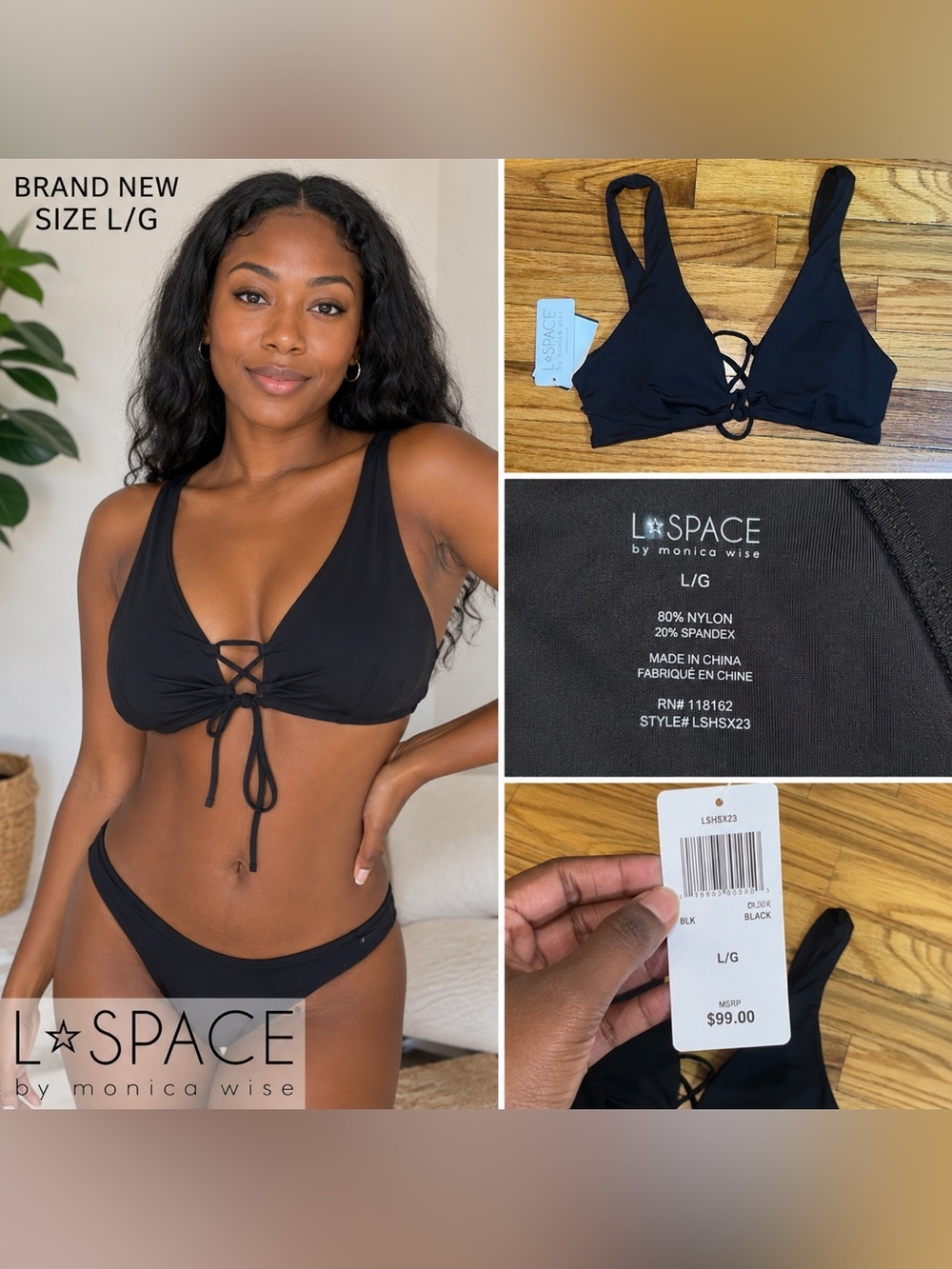 L*Space Black Bikini Top Size L/G NWT Lace-Up Front Swim Top